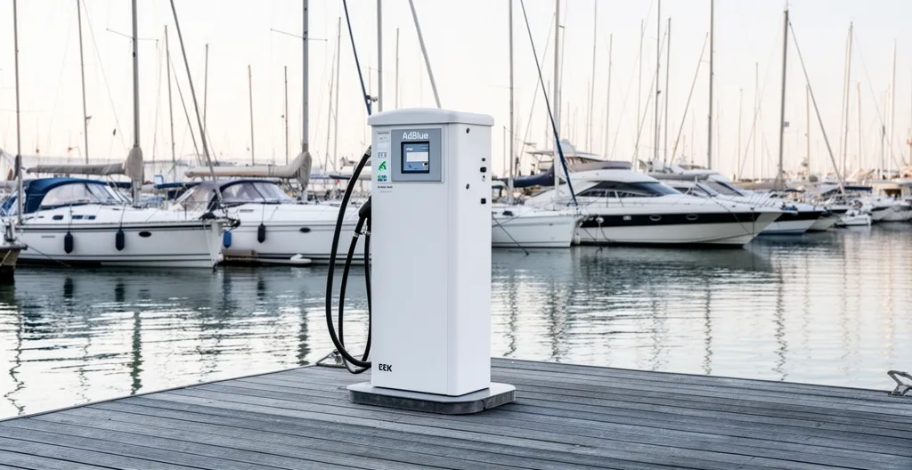 Station de distribution AdBlue compacte installée sur un ponton de marina avec bateaux en arrière-plan