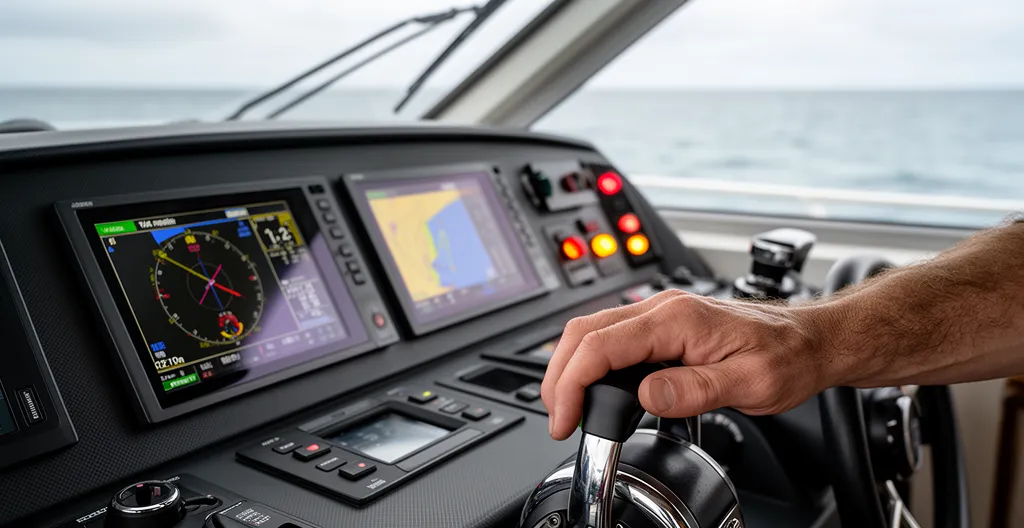 Tableau de bord nautique moderne avec voyants de contrôle moteur diesel