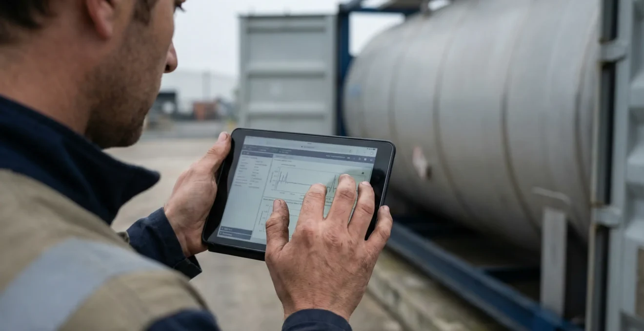 Gestionnaire consultant écran de télégestion près d'une cuve conteneurisée pour suivi carburant nautique