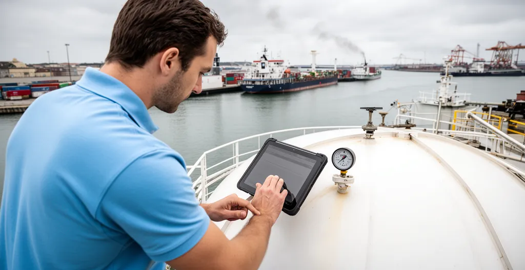 Technicien inspectant une jauge de cuve AdBlue dans un environnement portuaire